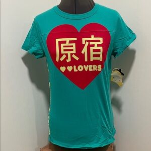 Harajuku Lovers Teal Tee with Red Heart and Yellow Text